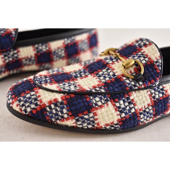 Gucci New Jordaan Blue Red White Black Tweed Check Loafer Mule Slipper Flat 38.5 - Picture 12 of 14